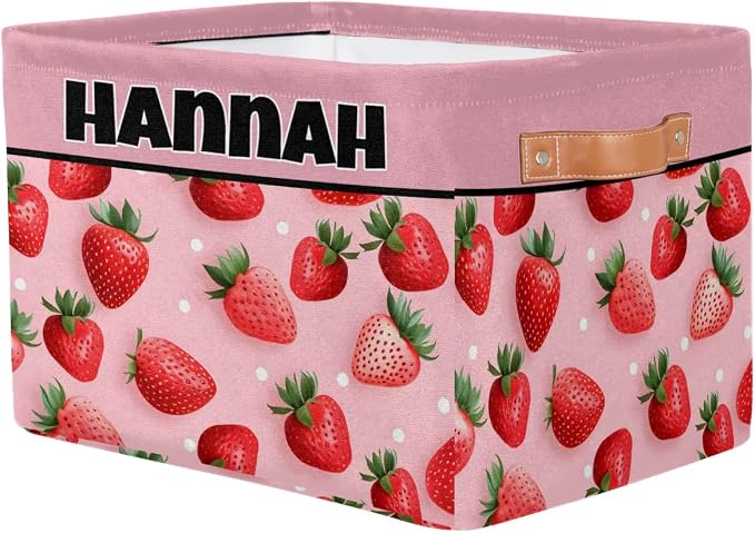 Custom Name Storage Bin, Personalized Rectangular Storage Basket with Handles for Organizing Girls Toys Office Closet Shelf Baskets Fruit Strawberry Pink Background