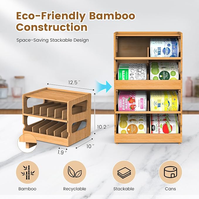 Stackable Bamboo Cat Food Can Organizer, Cat Canned Food Organizer Storage | 2-Tier Adjustable Stacking Can Dispensers, First-In & First-Out System, Holds Up to 36 Cans - for Pantry, Cabinet, Countertop
