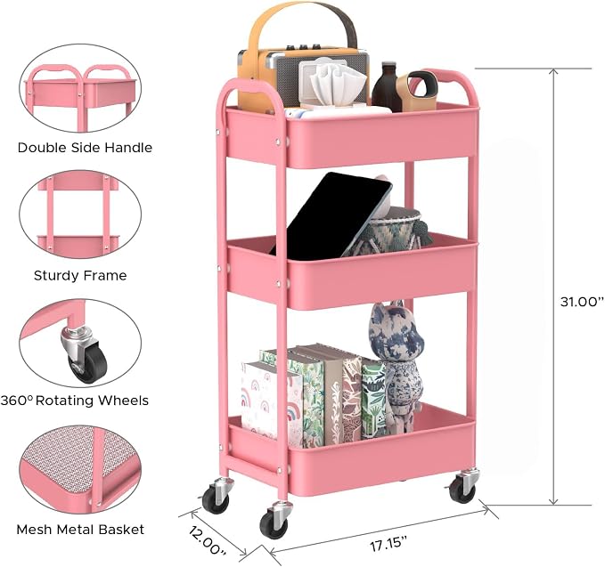 MAX Houser 3-Tier Rolling Utility Cart with Caster Wheels,Easy Assembly, for Kitchen, Bathroom (Pink) | Easy Assembly, multi-purpose storage trolley for kitchen, rolling cart with smooth caster wheels for bathroom