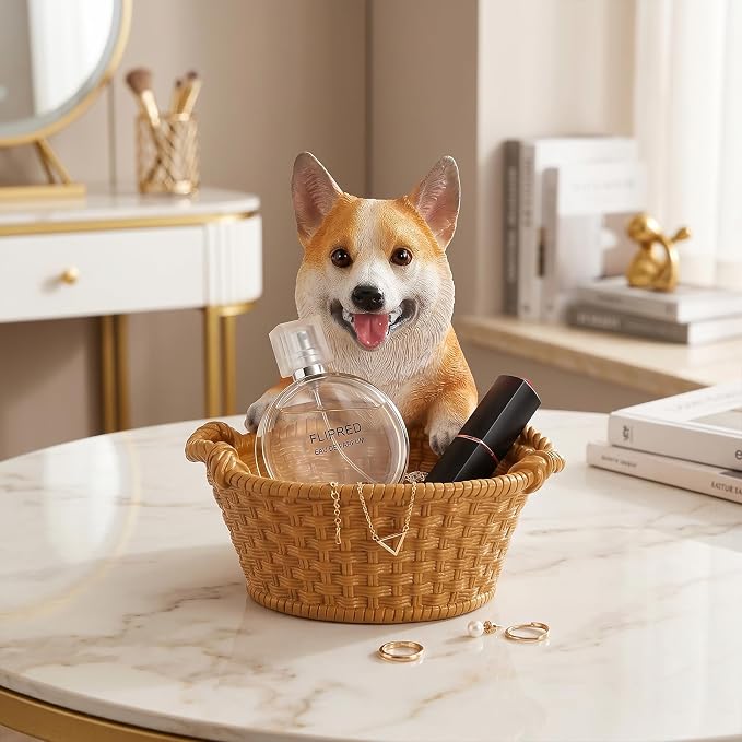 Cute Corgi Candy Bowl, Resin Dog Figurine Key Bowl for Entryway Table, Desktop Storage Basket Organizer for Desk, Unique Dog Lover Gift