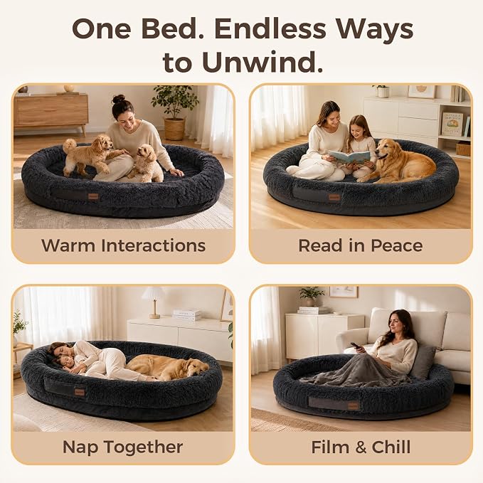Human Dog Bed for Adult, 71"x48" Large Pet Dog Bed, Dark Grey | Adult Dog Bed for Humans with Pillow & Blanket, Fluffle Cloud Dog Bed with Orthopedic Foam Bolster, Durable Zipper, Portable