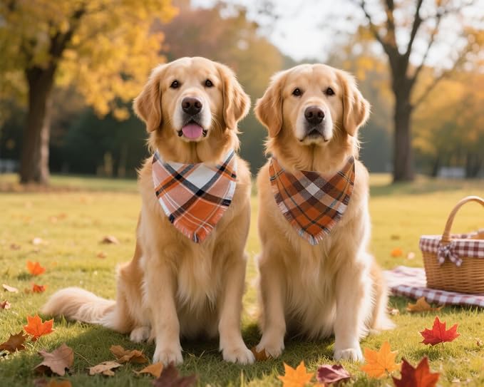 Fall Dog Bandanas 2PCS Large Plaid Tassels Halloween Thanksgiving Outfit | Fall festive 2-pack orange plaid bandanas with tassels.Ideal for Halloween parties,Thanksgiving dinners & holiday photos.