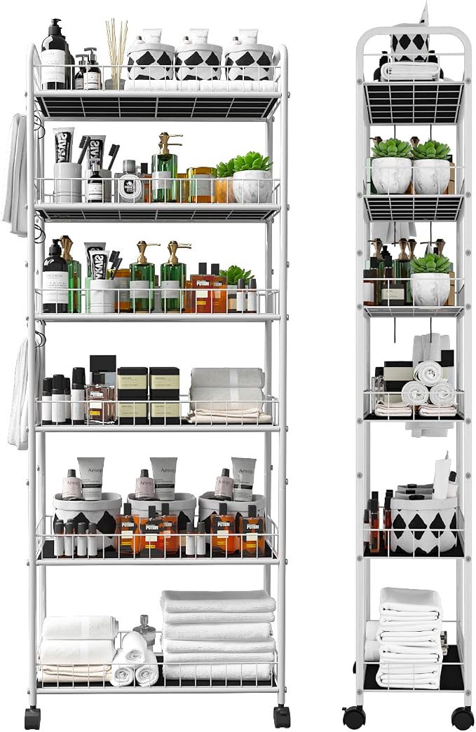 10in 6 Tier Slim Storage Cart with Wheels,White Narrow Space Rolling Shelving Unit, Metal Wire Mobile Organizer Rack for Kitchen Bathroom Office Laundry