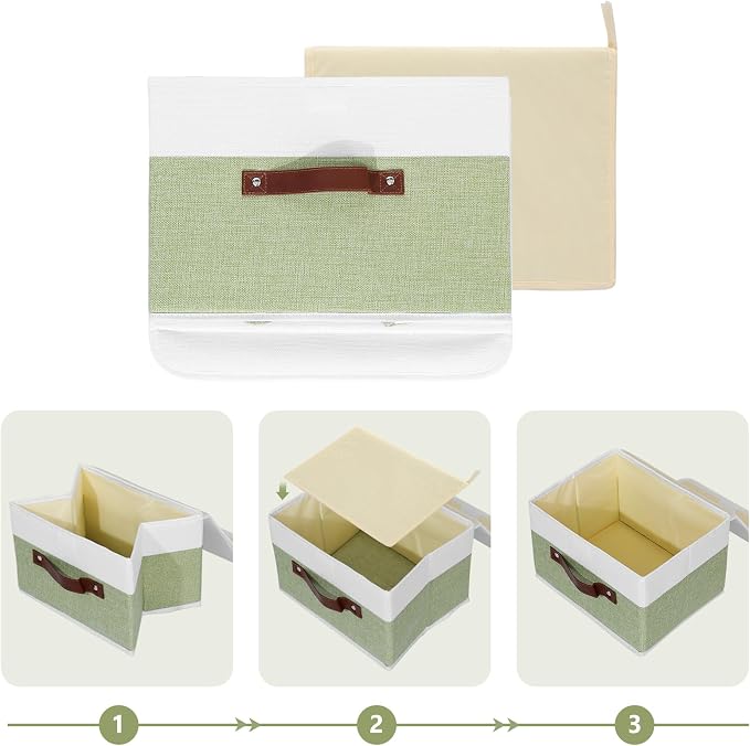 ANMINY Fabric Storage Box Bins with Lids, Green White, 10"x8"x7" | Keepsake Memory Storage, Cotton Linen, PP Board Reinforced, Washable, PU Handles, Foldable & Stackable, Decorative, Small