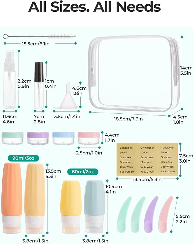 BAGSMART 18 Pack TSA Approved Travel Bottles for Toiletries, Leak Proof Silicone Travel Size Containers Bottles for Shampoo, Macaron