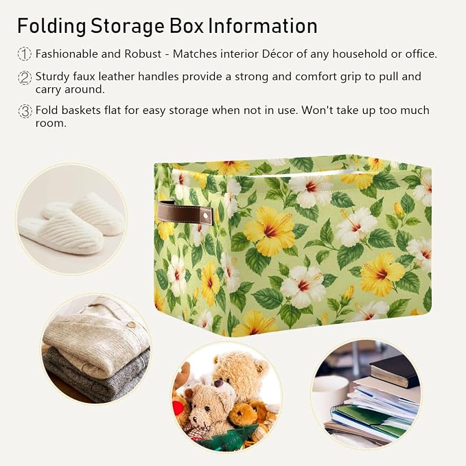 Kigai Storage Basket, Fabric Collapsible Closet Organizer Bin | Small Flowers Waterproof Foldable Canvas Basket with Handles for Shelves, Nursery, Closet, Bedroom & Bathroom