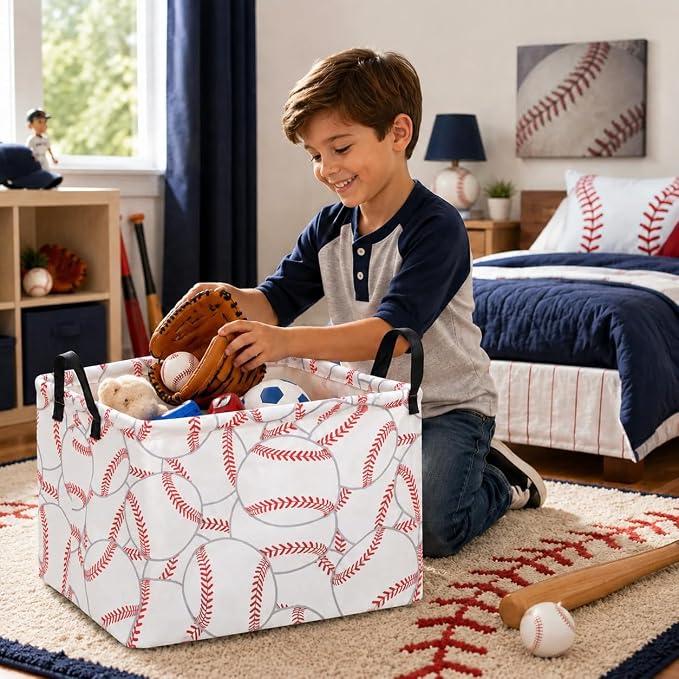 Baseball Storage Basket for Boys Room, Foldable Toy Organizer Bin | Baseball-Themed Storage Basket with Waterproof Lining, Leather Handles and Foldable Design for Kids’ Rooms