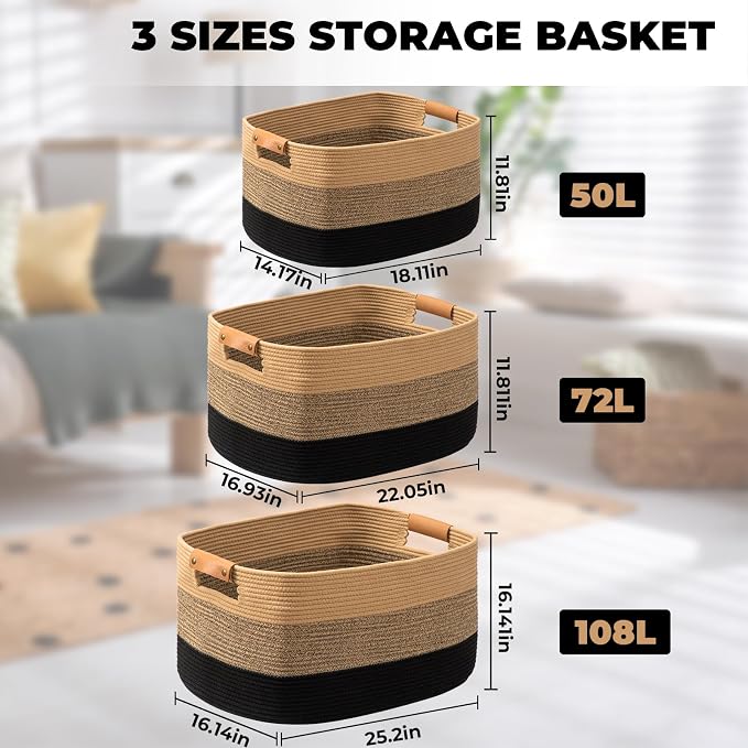 danpinera Large Woven Basket, 108L Large Blanket Basket for Living Room, Nursery, Cotton Woven Hamper for Toy Organizing & Laundry, 25’’*16’’*16’’ Gradient Linen