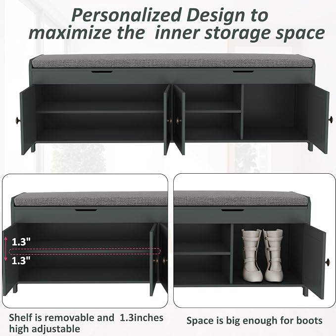 HOMEFORT 54.4" Shoe Bench with Lift Top Storage, Entryway Bench with Cushioned Seat, Wooden End of Bed Bench, Shoe Cabinet Bench with Hidden Storage Space, for Bedroom, Hallway,Green