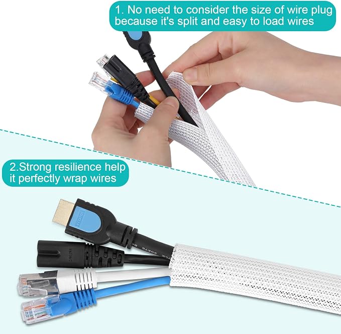 6.6ft - 1/2 inch White Cable Sleeve, Cable Organizer for Desk PC TV Computer, Wire Protector Cable Wrap Cover, Cord Management for Home Office | Cable Organizer for Desk PC TV Computer, Wire Protector Cable Wrap Cover, Cord Management, Home Office