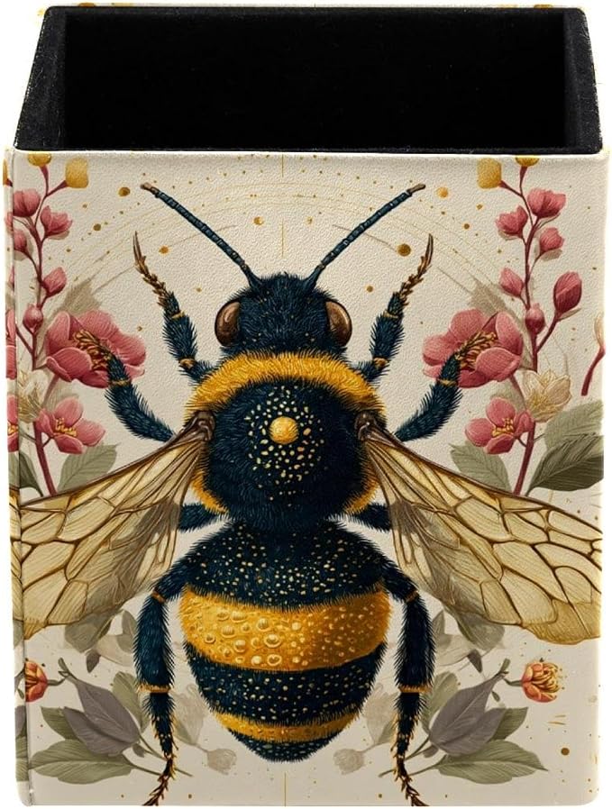 Flower and Bee Pen Holder for Desk Decor, Rectangular PVC Leather Pencil Cup for Desk Pen Organizer, Makeup Brush Holder for School, Home, Office