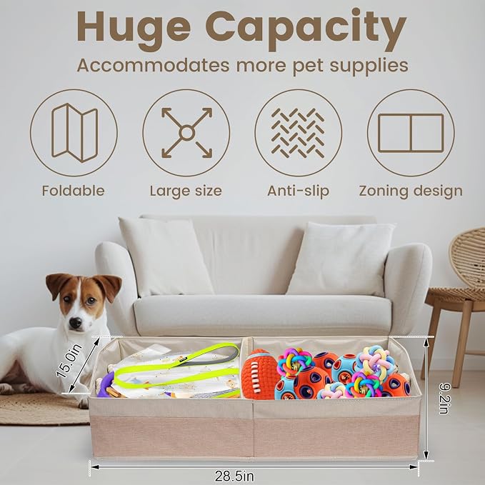 Large Dog Toy Basket with Handle, Foldable Dog Toy Box for Living Room Area , 28.5" Basket for Dog's Supplies, Organizer and Storage with Hard Board, Anti-Slip for Pet Toys (Beige, Large 28.5"×15")