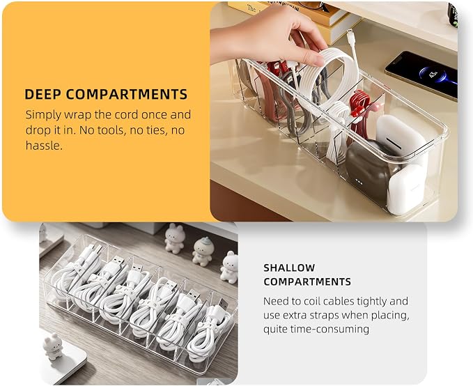 Desktop Charger Cord Storage Organizer Box Cable Organizer Box With Lid | 2 Pack Stackable Clear Storage Boxes, Easy Management Without Cable Ties, Visible for Drawer Organizing, Cosmetics & Cables