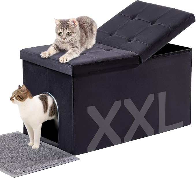 MEEXPAWS Cat Litter Box Enclosure Furniture XXL Velvet Lift Design Lid | Extra Large Hidden Cat Washroom Bench Ottoman, Storage Cabinet Dog Proof, Urine Proof, Easy Clean, Quick Assembly, Black