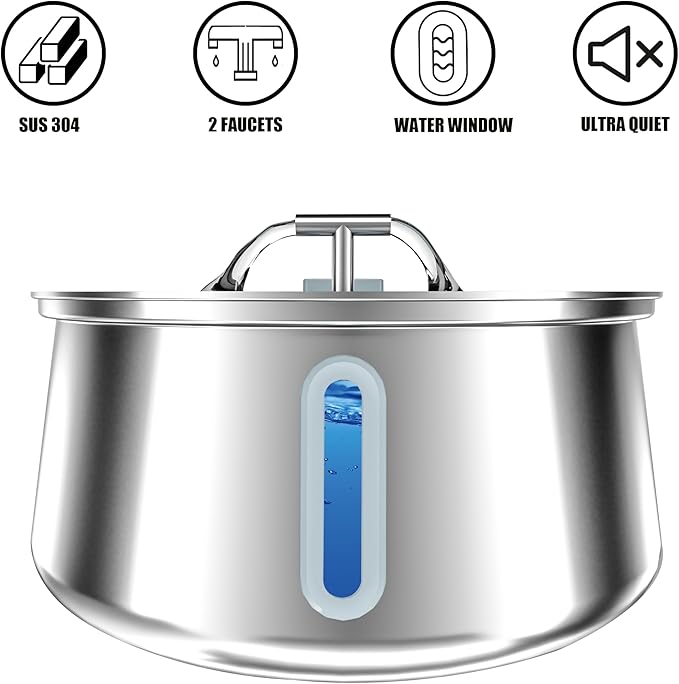 Homtyler Stainless Steel Cat Water Fountain,Pet Water Fountain 4L/135oz Large Capacity,Dog Water Dispenser with Water Level Window, Multiple Filtration, Quiet Automatic Pet Fountain Easy Clean,2Faucet