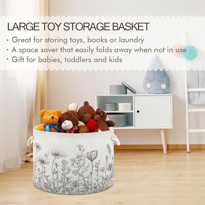 DOMIKING Large Storage Basket for Toys Floral Flower White Storage Bin Box Organizer Basket for Nursery Laundry Hamper Books Home Decor