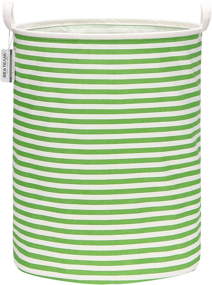 Sea Team Large Canvas Laundry Basket with Handles, Green Stripes | Collapsible Fabric Laundry Hamper, Closet Shelf Organizers, Containers for Clothing, Blankets, Toys, Bedding, 19.7 x 15.7”