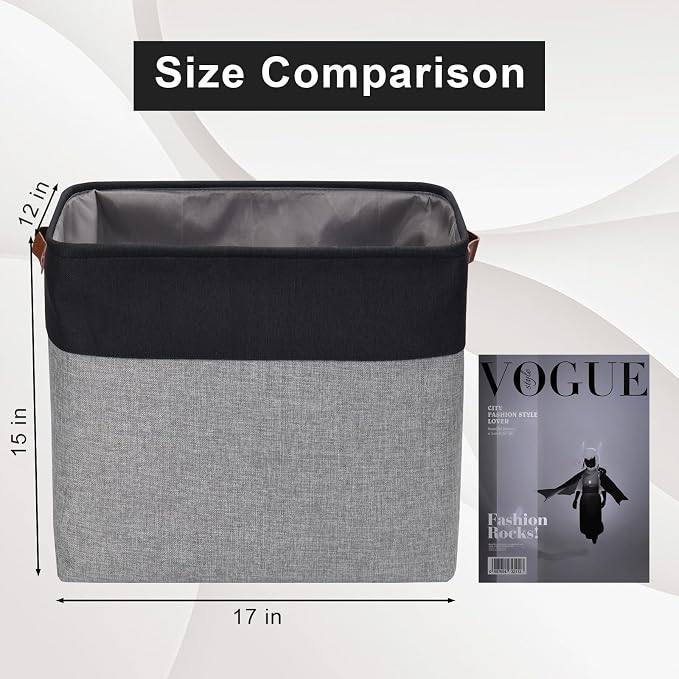 Bagnizer Large Fabric Storage Baskets | 50L Storage Bins, Decorative Linen Closet Baskets with Handles for Organizing, Shelf, Toys, Clothes, Home, Office, Nursery, 17x12x15Inches (Gray&Black)