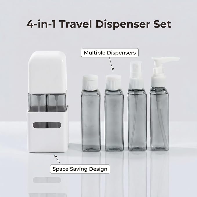 4 in 1 Travel Dispenser Bottle Refillable 4 in 1 Travel Dispenser 60ml Travel Bottles Leakproof Travel Size Containers for Toiletries Shampoo Lotion Gray