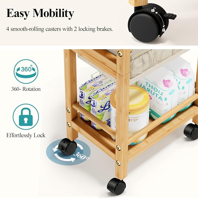 Bamboo Diaper Caddy Cart with Wheels - 3-Tier Rolling Storage，Beige | Removable bins, side pockets, sturdy handle, smooth wheels. For nursery, living room, laundry, pet. Natural bamboo, versatile