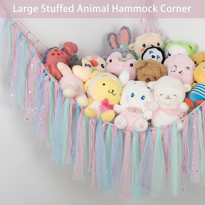 Stuffed Animal Hammock with LED Lights - 59 Inch Large Toy Storage Net for Kids Bedroom, Wall-Mounted Plush Organizer with Wooden Rings, Nursery Decor (Handwoven, Pink)