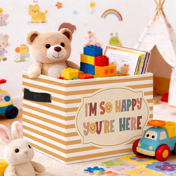 Welcome Storage Bin, Foldable Fabric Basket for Kids Room Classroom | Foldable fabric storage bin with welcome quote design for toys, books, clothes, nursery, classroom, and playroom use.