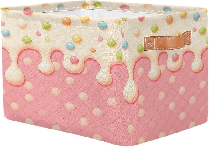 Pardick Waffle Basket Storage Bins Rectangle Canvas Basket Cube Storage Box | Nursery Foldable Basket with Handle for Kids Girls Boys Toys Living Room Closet Organizer Shelf Gifts Candy Pink