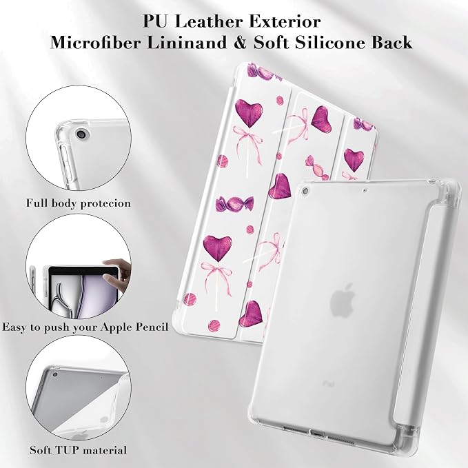 Cute Kawaii Lolipop Case for 10.2" iPad 9th/7th/8th Generation, Clear TPU Smart Stand Back Cover with Pencil Holder, Auto Wake/Sleep Protective Case for iPad 2021/2020/2019