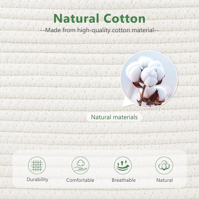 ECDYQXVU 15x10x9 Woven Cotton Rope Storage Basket, Leather Handles 3 Pack | Foldable Design, Sturdy PU Handles, Easy to Clean Organizer for Living Room, Closet, Shelves, Bedroom, Laundry, Clothes