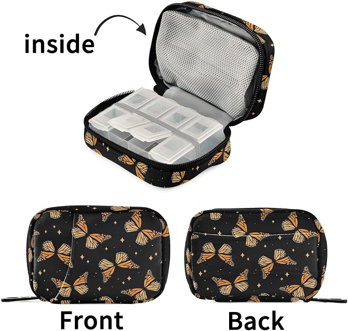 Fustylead Beautiful Monarch Butterflies and Shining Stars Pill Organizer Case with Zipper 2 Times A Day for Vitamin and Supplement, 7 Day Travel Organizer Medicine Case