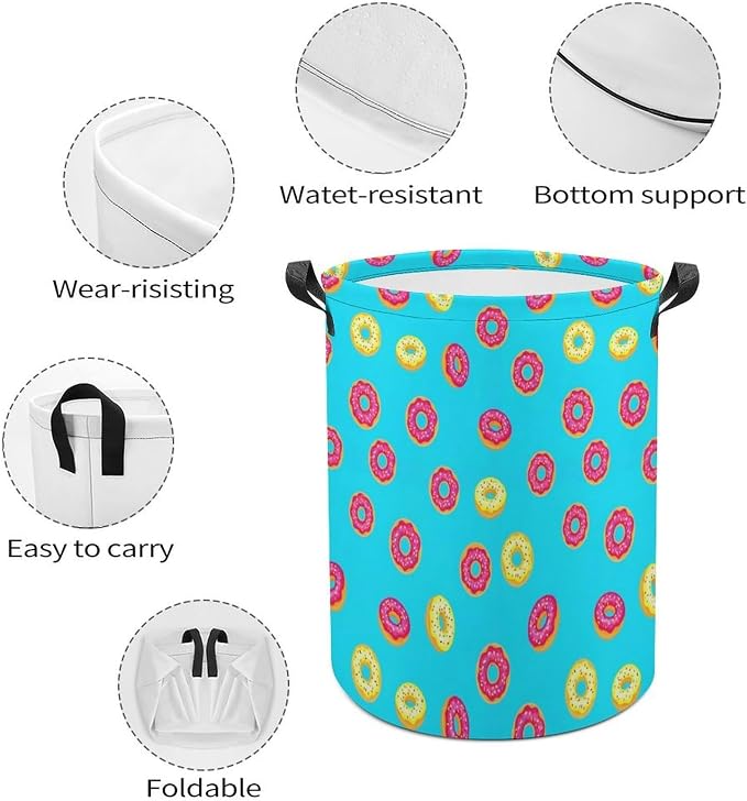 Foldable Waterproof Laundry Basket Donut Food Pattern, Portable Hamper with Handles for Clothes, Toy, and Bedroom Organization