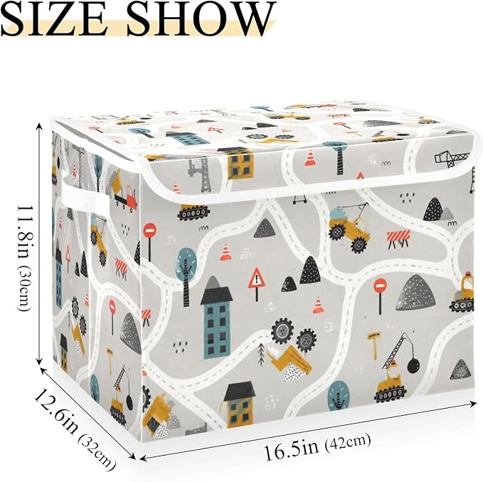 Car Map Pattern Storage Bins with Lids Closet Bedroom 40L Fabric Bin | Decorative Storage Boxes, Foldable & Stackable, Dust-Proof Flip Top, Reinforced Handles, For Home & Dorm, Clothes & Toy Box