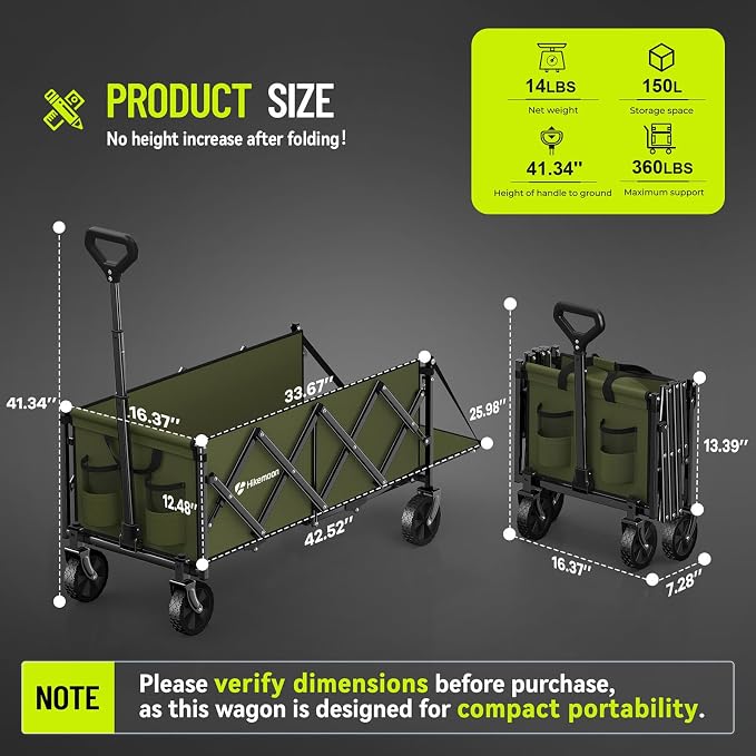 43'' Extra Long Folding Wagon with Extended Tailgate, Green | Wagons Carts Foldable, 360LBS Heavy Duty, Compact Portable, Utility Collapsible for Shopping/Beach/Garden/Camping/Sports