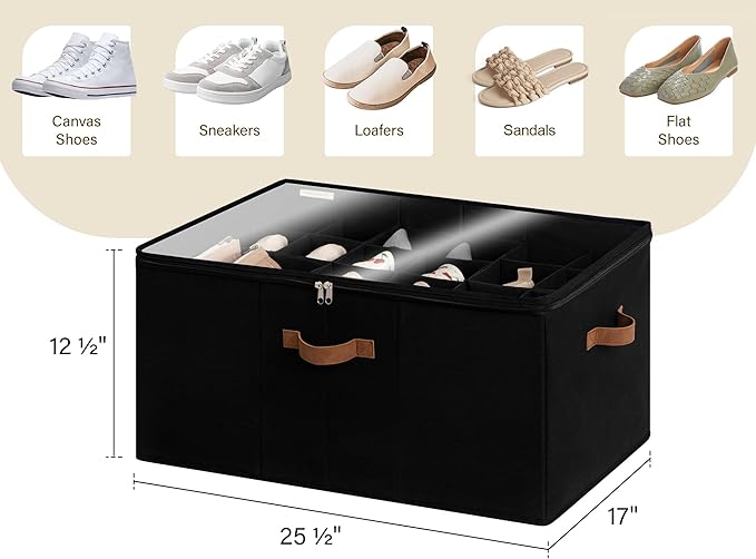 StorageWorks 24-Pair Large Shoe Organizer Box, Adjustable Dividers, Black | Holds up to 24 Pairs, Foldable, Clear Lid, Reinforced Handles, Fits Sneakers, Boots & Heels, For Living Room, Entryway