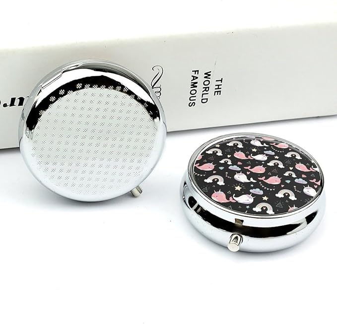 Portable Medicine Box, Narwhals Round Pill Organizer, Compact Case for Fish Oil, Travel Pill Holder Purse Carry for Seniors