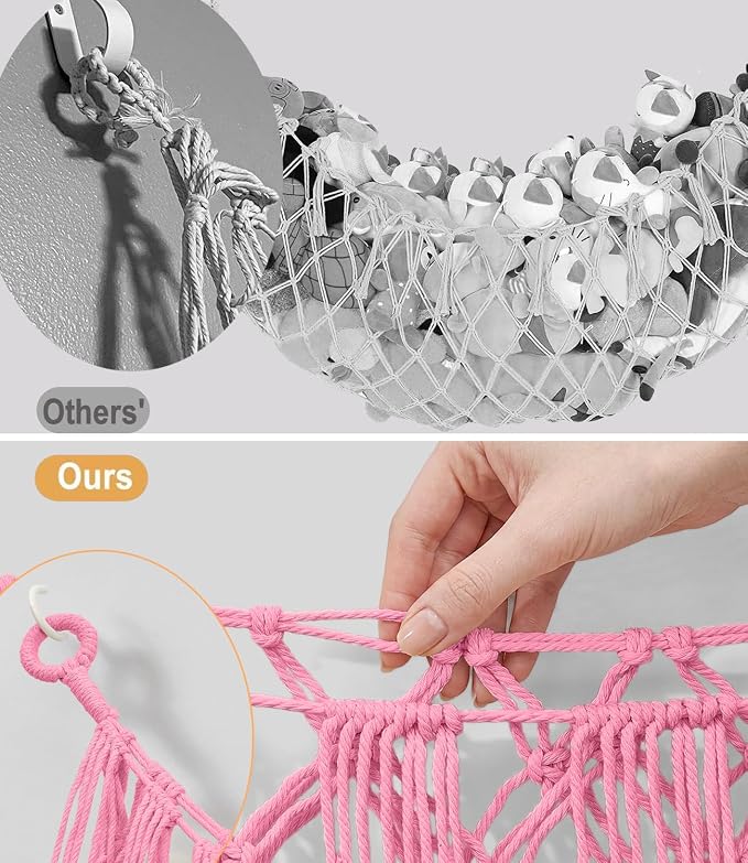 Stuffed Animal Net Hammock, Save Space Eliminate Clutter (Pink) | Premium Cotton Hand-knitted plush hammock, Boho Stuffed Animal Storage for Nursery, Bedroom Decor, playrooms