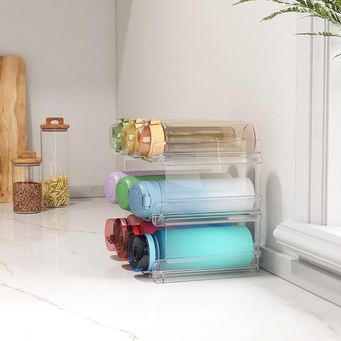 Lifewit Stackable Water Bottle Organizer for Cabinet, Clear Tumbler Holder | Large Slot for Up to 32 oz Cups, Plastic Wine Rack for Fridge, Pantry, Kitchen Organization & Storage, 3-Tier Holds 9 Bottles