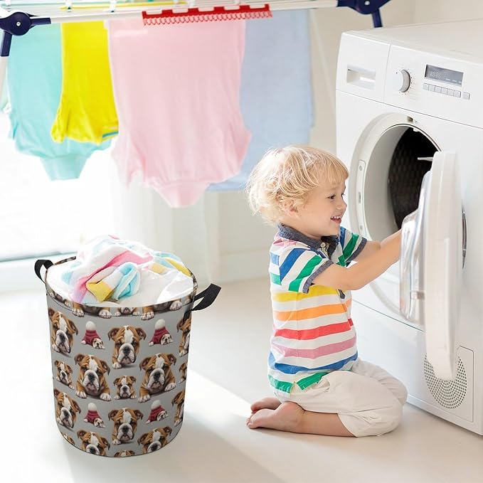 Foldable Laundry Storage with Handles English Bulldog Puppy Dog Art, Waterproof Hamper Basket for Clothing, Toys, and Home Organization