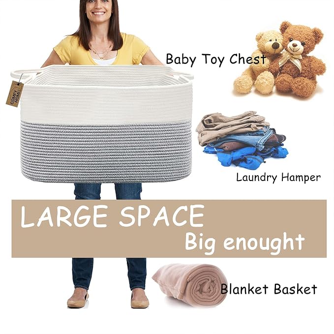 COMFY-HOMI Large Rectangular Blanket, Cotton Rope Woven for Storage, LaundryHamper, Storage,Toy Organizing Bin with Handle, Organizer and Storage-22x15x12-