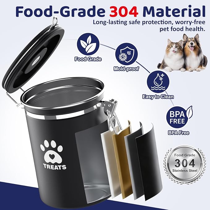 ENONCI Airtight Dog Treat Canister, 304 Stainless Steel Food Storage Jar with Date Dial Black-1.5L