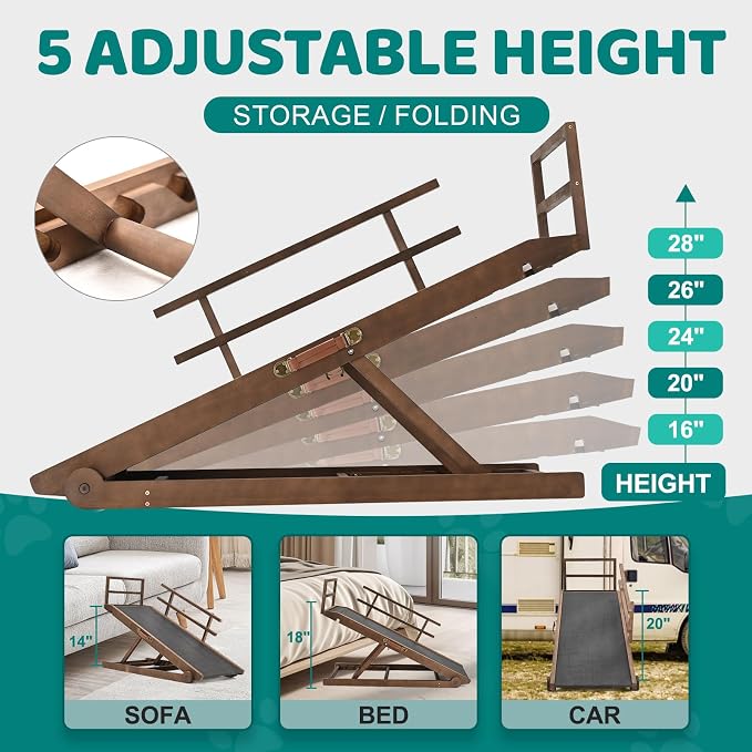 Dog Ramp for Bed & Couch, Foldable Wooden Pet Ramp, 5 Adjustable Heights | Height up to 27.5", Portable Dog Ramp with Non-Slip Rubber Surface & Safety Railings, Pet Ramp for Small, Large, Senior Dogs