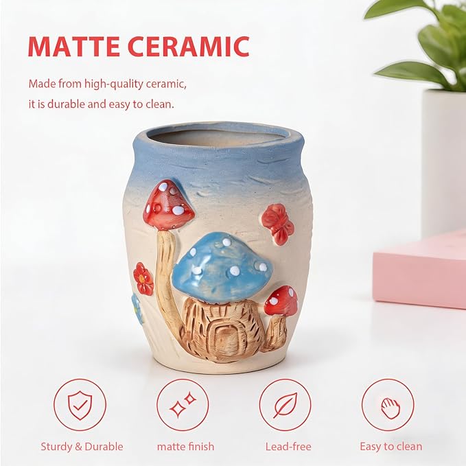 Ceramic Mushroom Shaped Pen Pencil Holder for Desk Decoration Accessories Mushroomb Decor Makeup Brush Pen Cups Office School Ideal Gifts for Women, Mom or Birthdays