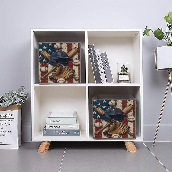 Baseball Gear American Flag Design Storage Bin with Handles, Oxford Fabric Foldable Storage Cube Organizer for Clothes, Towels, Bedroom, Living Room, Home Organization