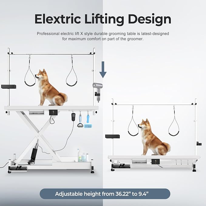 Electric Lift Pet Dog Grooming Table, Upgrade 50 Inch Heavy Duty 9'' -36'' Adjustable Height Professional Pet Grooming Table with Tool Organizer, Adjustable Overhead Arm for Large Dogs at Home, White