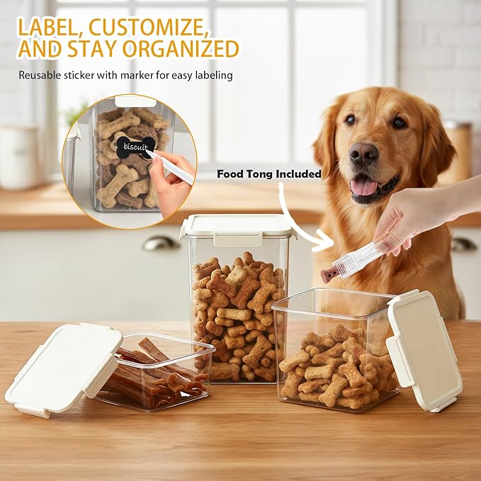 Airtight Dog Treat Container Set of 3, Pet Food Storage Bin for Dog Cat, Plastic Dogs Treat Organizer for Kitchen Counter, Dog Cookie Jar-Keep Kibble Fresh Crispy-BPA free(Up to 8Lb/10QT)