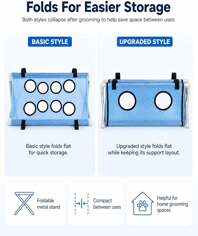 Dog Grooming Hammock Stand, Foldable Dog Bath Holder Sling Shower Chair | Heavy-Duty Pet Bath Stool for Small & Medium Dogs, Home Salon Grooming, Washable Mesh, Joint Support & Restraint(Blue,Base)