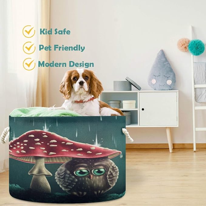 visesunny Storage Basket Little Owl Sitting Under Mushroom Animal Nursery Hamper Canvas Fabric Toy Storage Organizer Bin Storage Box Laundry Basket for Kid Rooms,Playroom,Shelves,Toy Basket