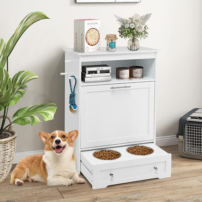 Dog Feeding Station, Dog Food Storage Cabinet w/Double Raised Dog Bowls, Pull Out Design, Large Dog Feeder Station Container for Pets Toy, Feeding & Watering Supplies (White)