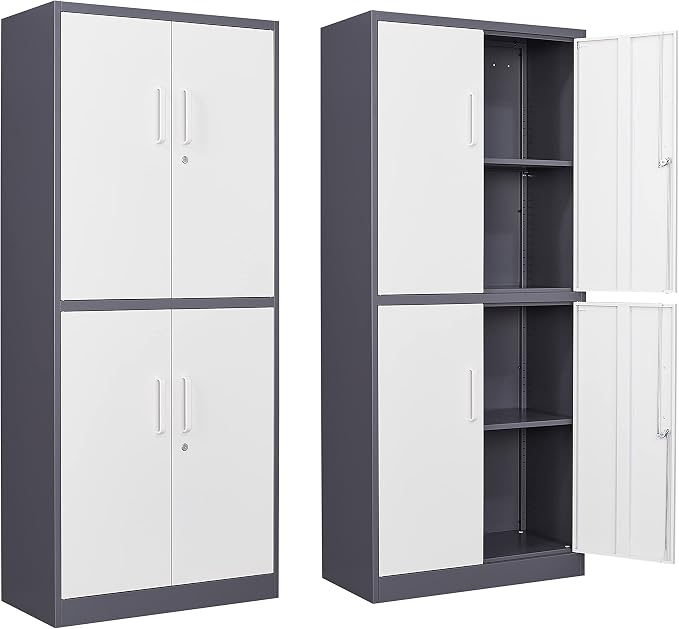 Metal Storage Locking Cabinet with 4 Doors and 2 Adjustable Shelves,71" Lockable Garage Tall Steel Cabinet,for Home Office,Living Room,Pantry,Gym,Commercial Storage (Gray White)