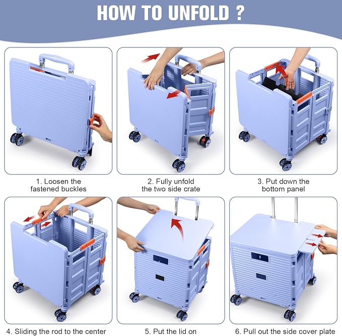 FELICON SELORSS Folding Utility Cart Portable Rolling Crate Handcart-Blue | Magnetic Sliding Lid,Telescoping Handle,Plastic Box Dolly,360°Swivel Wheels for Travel Shop Move Laundry Office Teacher Use
